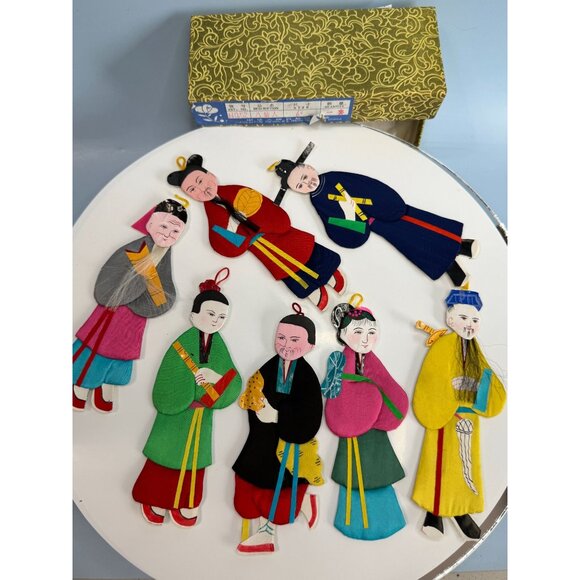 Set Of 8 Chinese Silk & Cardboard Immortal Ornaments Multicolor 5.5" With Box - Picture 2 of 8